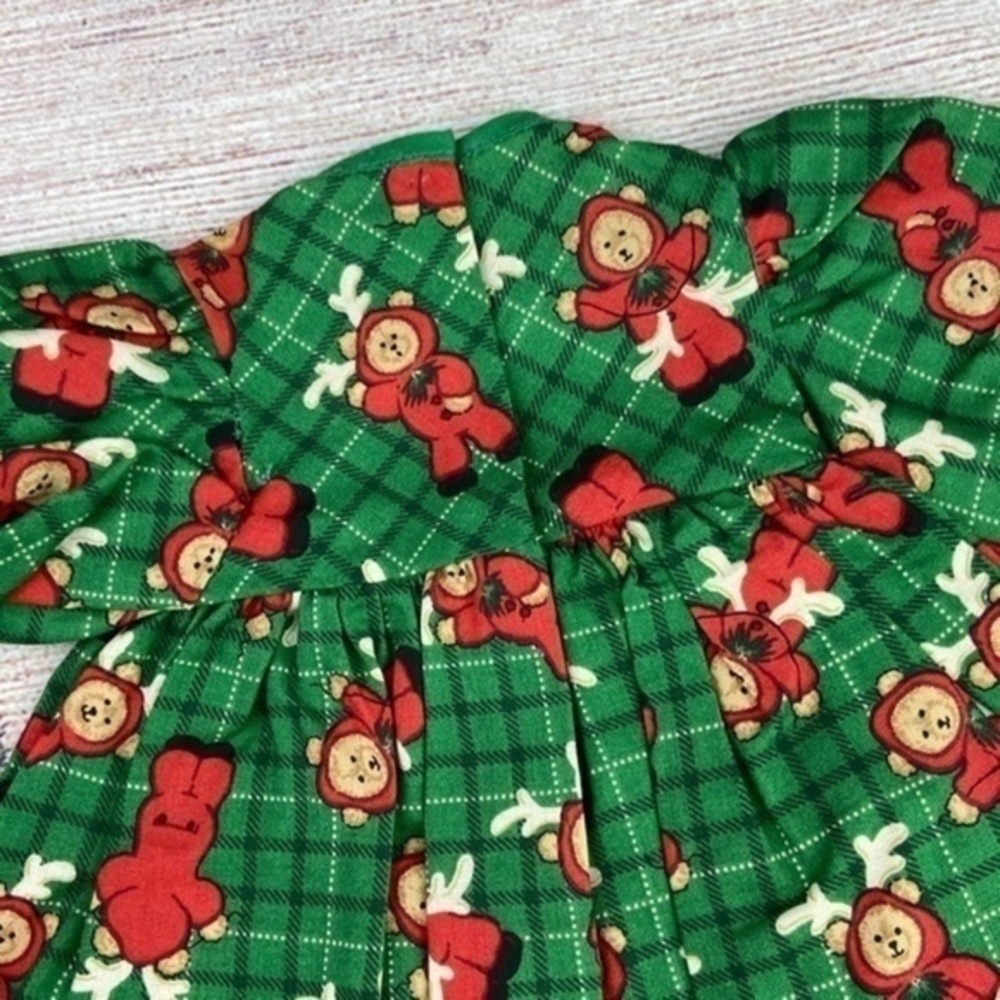 Handmade Vintage Doll Dress Green Red Teddy Bear Christmas Print Fabric - Picture 10 of 12